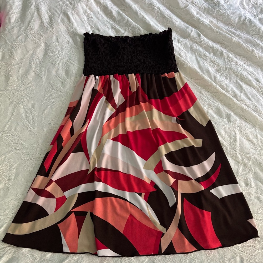 Miss Bisou Brown and Pink Smocked Strapless Mini Flare Y2K Design Dress Small